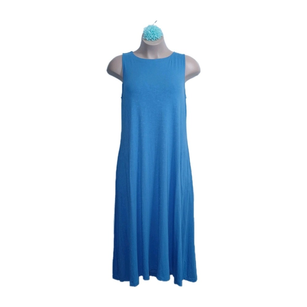 J Jill Women Rayon Maxi Dress 1X Blue Solid Minimalist Capsule Wardrobe Pockets